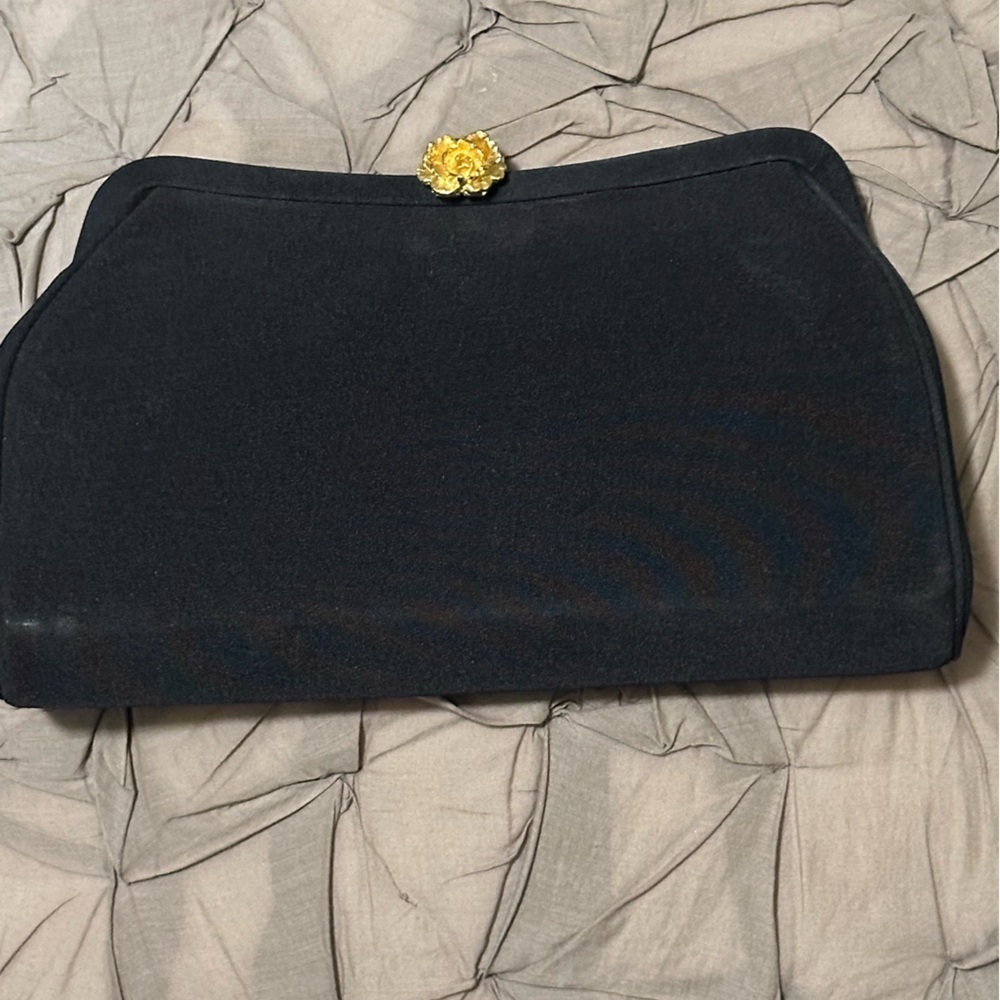 Elegant Black Clutch with Gold Accent Rose Clasp